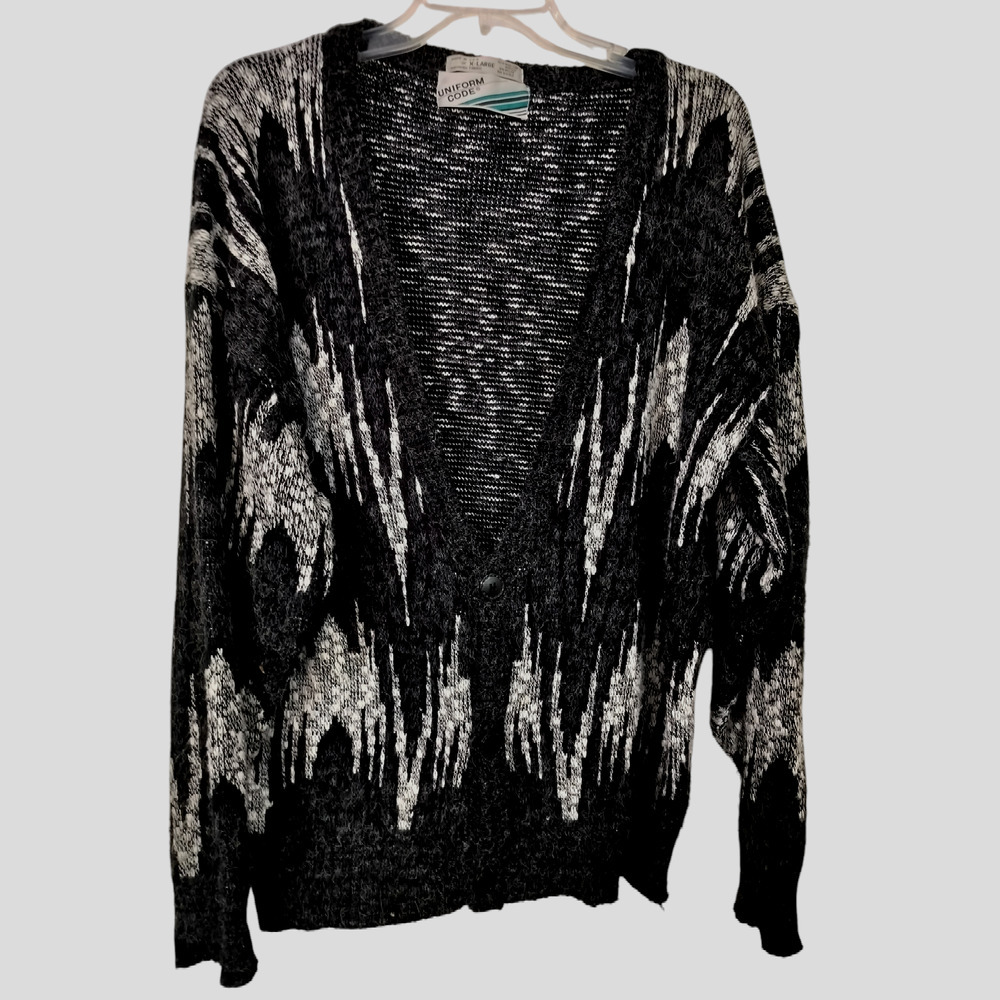 M555) Vintage Uniform Code Men's Fuzzy Black- White Wool Abstract Sweater XL